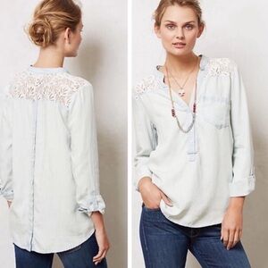 Anthropologie Esme & Esyllte Lace Chambray Popover Blouse